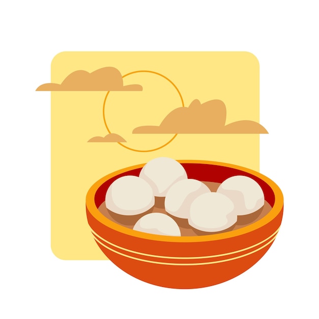 Comida tradicional de vacaciones de Taiwán. Bolas de arroz glutinoso sabroso en un cuenco de porcelana naranja tradicional con el telón de fondo del cielo del atardecer. Festival de linternas. Vector Arte aislado en estilo plano.