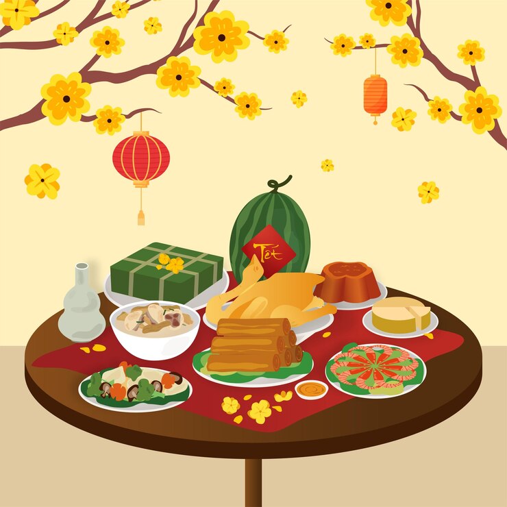 Vector comida de vacaciones de tet dibujada a mano