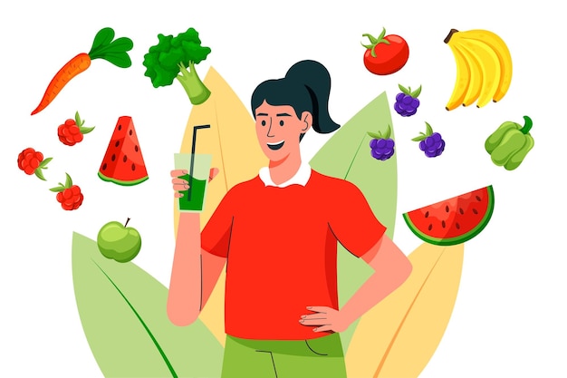 Vector comida vegana estilo de vida saludable dieta de desintoxicación nutrición vitaminas cuidado de la salud jugo verde cóctel vegetal fruta en vaso mujer feliz bebiendo batido ilustración del concepto vectorial