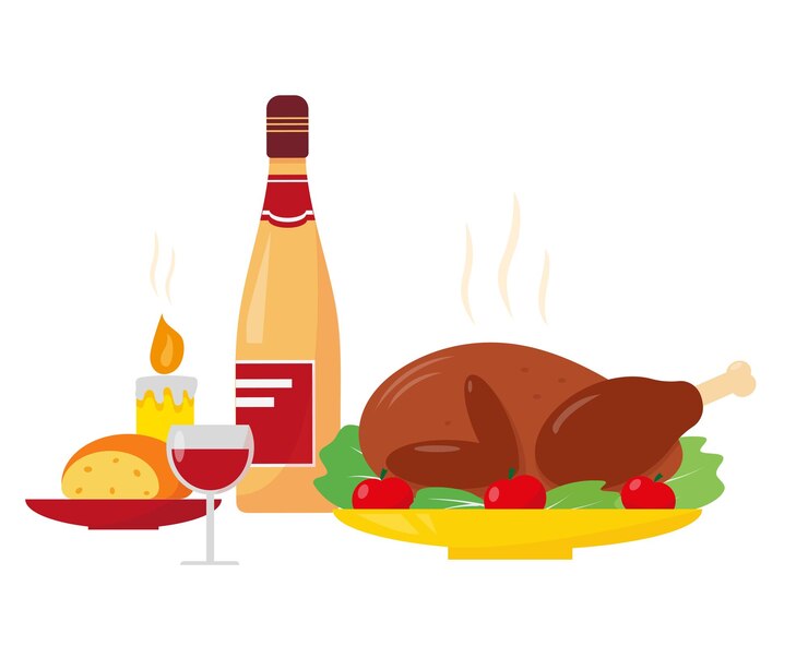 Vector comida y vid para la cena del día de acción de gracias.