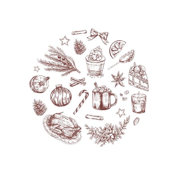 Comida vintage de Navidad y elementos festivos ilustración en el fondo de la pizarra