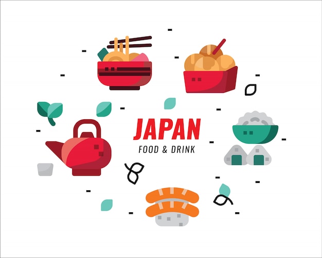 Comidas y bebidas japonesas. Elementos de diseño plano. ilustración vectorial