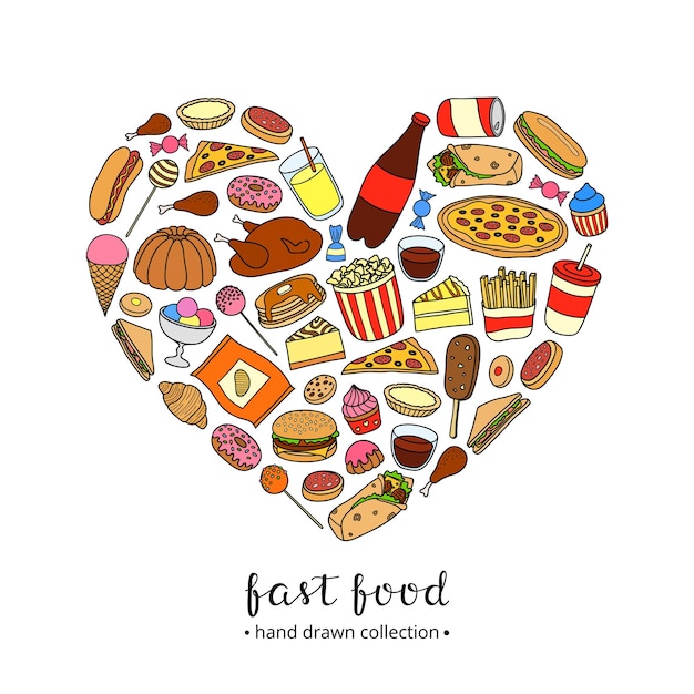 Comidas de comida rápida dibujadas a mano compuestas en forma de corazón con letras