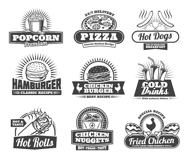Comidas de comida rápida pizza y bocadillos iconos retro
