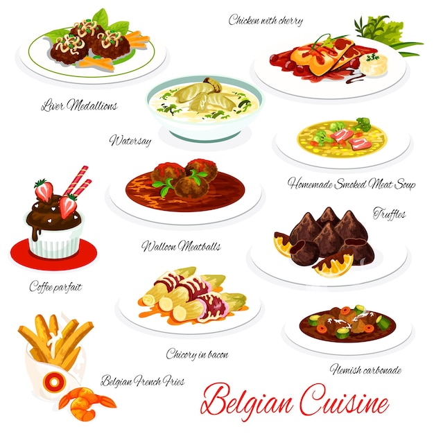 Vector comidas de menú de vector de cocina belga comida de bélgica