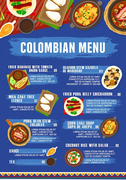 Vector comidas de menú de vector de cocina colombiana de colombia