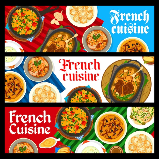 Comidas y platos de restaurante francés vector banners