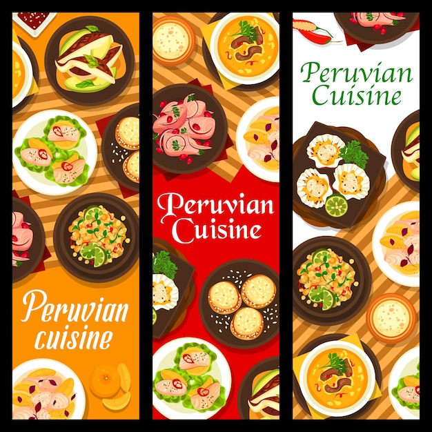 Vector comidas de restaurante de cocina peruana banners verticales.