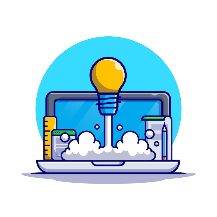 Vector comience con la ilustración del icono de dibujos animados de despegue de bombilla. concepto de icono de tecnología empresarial