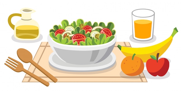 Vector comiendo ensaladas. comida dietética para toda la vida. alimentos saludables con beneficios