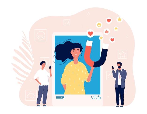 Como adicción. Foto de mujer selfie, adicta a las redes sociales. Al hombre le gusta la imagen de la niña en la ilustración de vector de teléfono inteligente. Mujer adicción social, foto de teléfono inteligente en línea