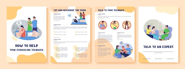 Cómo ayudar a la plantilla de folleto de vector plano adolescente en apuros. Volante, folleto, diseño de folleto imprimible con ilustraciones planas. Página de revista, informes de dibujos animados, carteles infográficos con espacio de texto