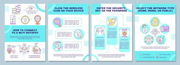 Cómo conectarse a la plantilla de folleto de punto de acceso wifi. folleto, folleto, impresión de folletos, diseño de portada con iconos lineales. diseños vectoriales para presentación, informes anuales, páginas publicitarias.