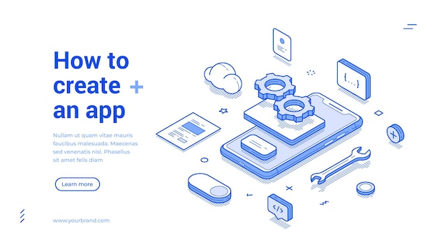 Cómo crear una aplicación móvil interfaz de bricolaje desarrollo de software banner web vector isométrico