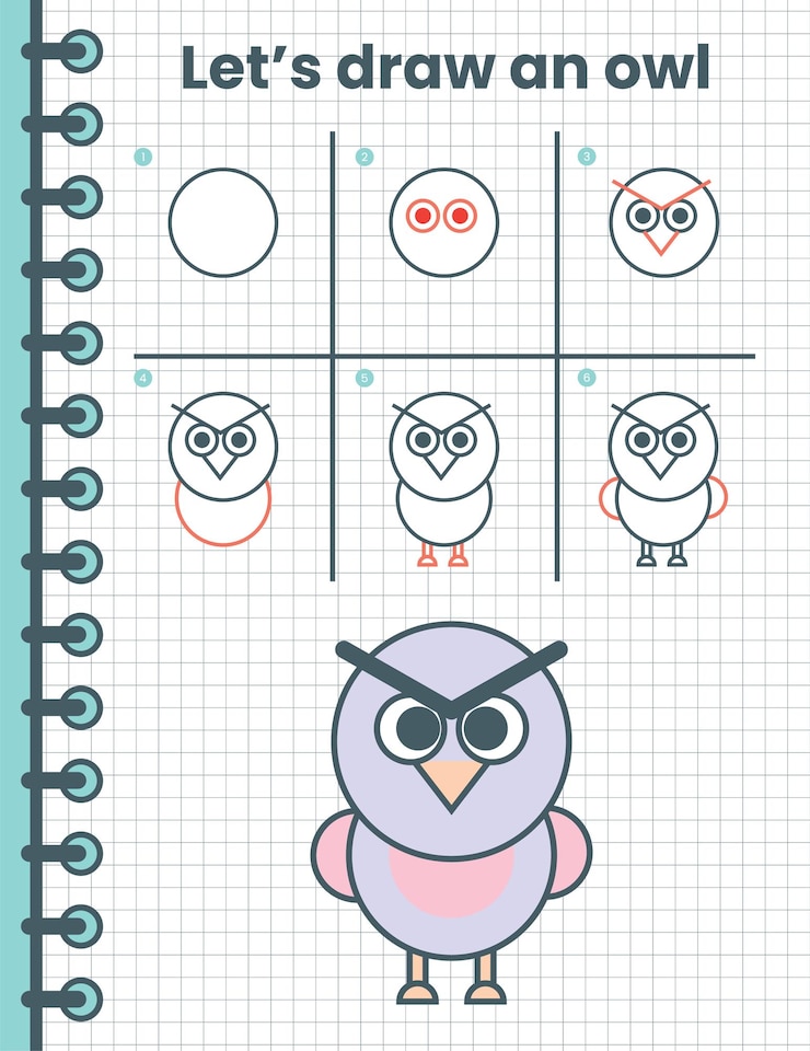 Vector cómo dibujar un búho para niños. sencillos pasos de dibujo para niños. ilustración vectorial de animales. animales planos