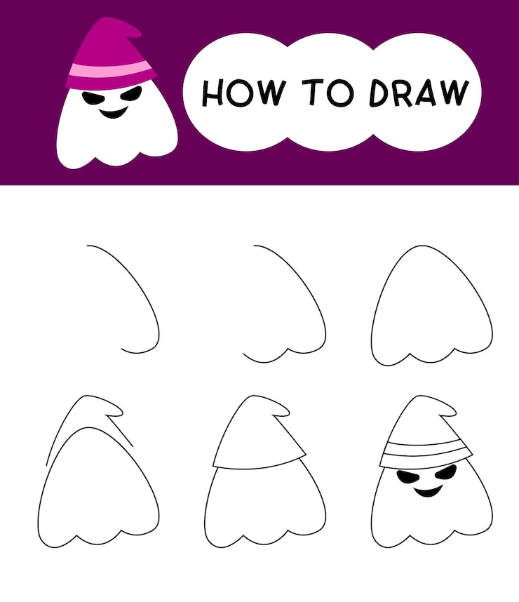 Vector cómo dibujar dibujos animados de fantasmas paso a paso para aprender educación infantil y libro de colorear festival de halloween