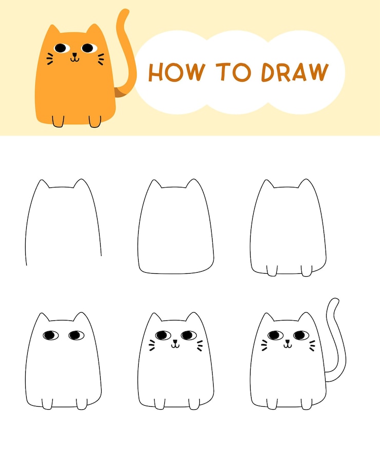 Vector cómo dibujar dibujos animados de gatos paso a paso para aprender educación para niños libro de colorear ilustración vectorial