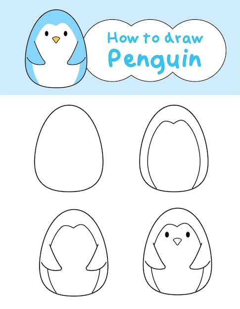 Cómo dibujar doodle lindo pingüino para colorear libro ilustración vectorial