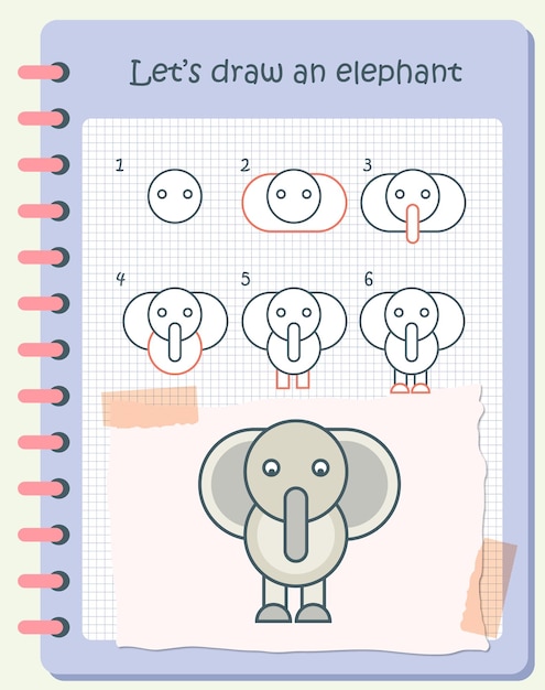 Cómo dibujar un elefante para niños. sencillos pasos de dibujo para niños. ilustración vectorial de animales planos.