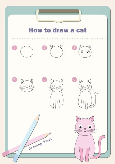 Vector cómo dibujar un gato, pasos de dibujo fáciles para niños, boceto de dibujo paso a paso