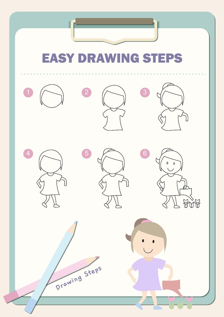 Vector cómo dibujar una niña, pasos de dibujo fáciles para niños, boceto de dibujo paso a paso