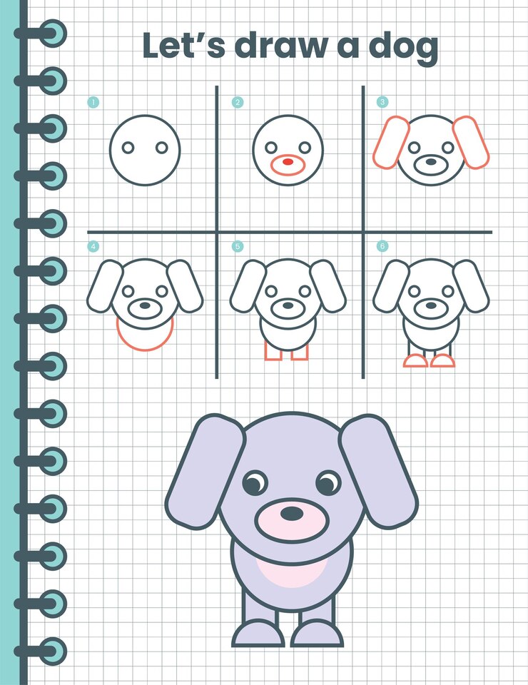 Vector cómo dibujar un perro para niños. sencillos pasos de dibujo para niños. ilustración vectorial de animales. animales planos