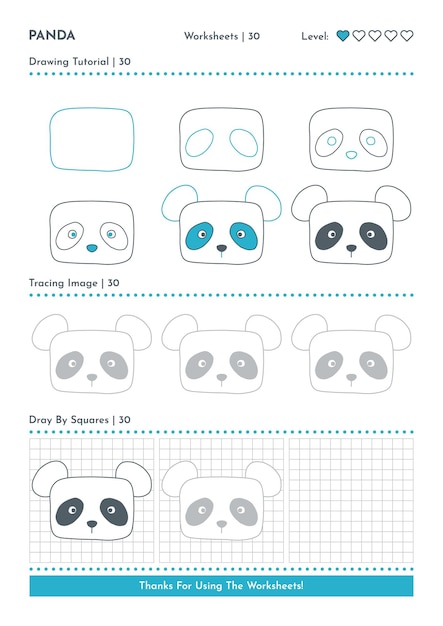 Vector cómo dibujar un personaje de dibujos animados de animales panda paso a paso dibujo de hojas de trabajo de actividades tutoriales para niños