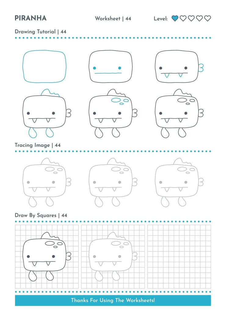 Vector cómo dibujar el personaje de dibujos animados de doodle animal piranha tutorio de dibujo paso a paso