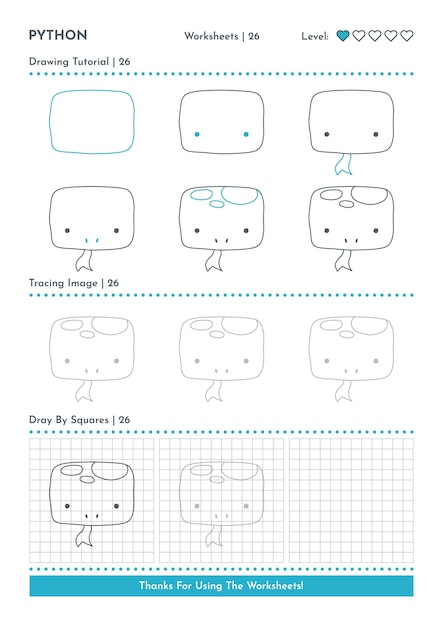 Cómo dibujar un personaje de dibujos animados de Doodle Python paso a paso Dibujo tutoriales Hojas de trabajo de actividad para niños