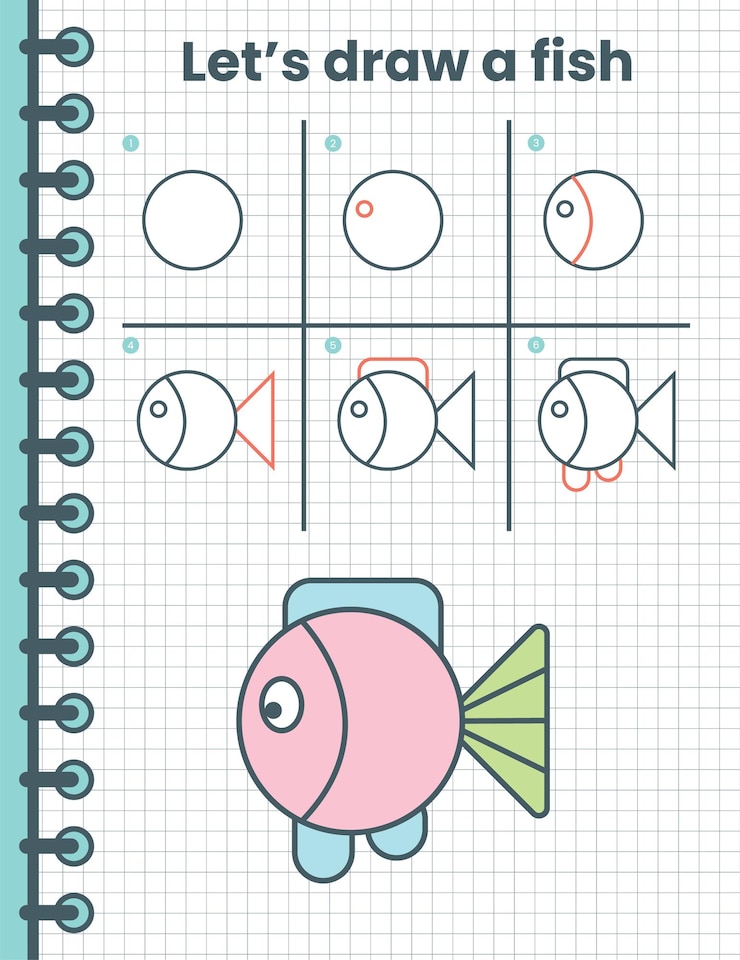 Vector cómo dibujar un pez para niños. sencillos pasos de dibujo para niños. ilustración vectorial de animales. animales planos
