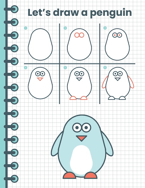 Cómo dibujar un pingüino para niños. sencillos pasos de dibujo para niños. ilustración vectorial de animales. animales planos