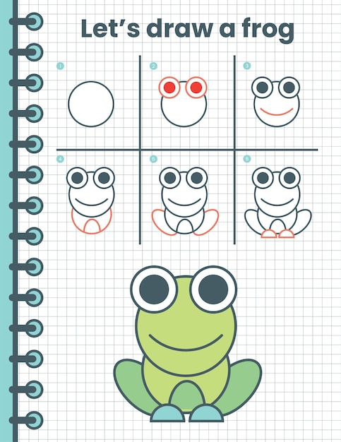 Cómo dibujar una rana para niños. Sencillos pasos de dibujo para niños. Ilustración vectorial de animales. animales planos