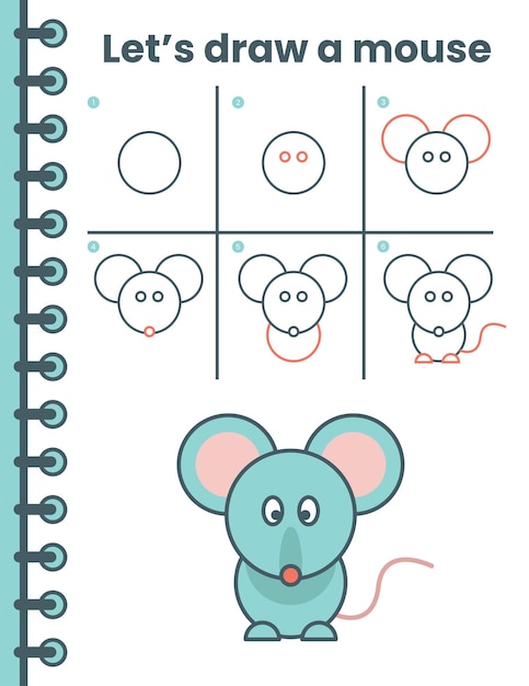 Cómo dibujar un ratón para niños. sencillos pasos de dibujo para niños.  ilustración vectorial de animales. animales planos | Vector Premium