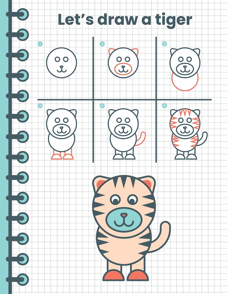 Vector cómo dibujar un tigre para niños. sencillos pasos de dibujo para niños. ilustración vectorial de animales. animales planos