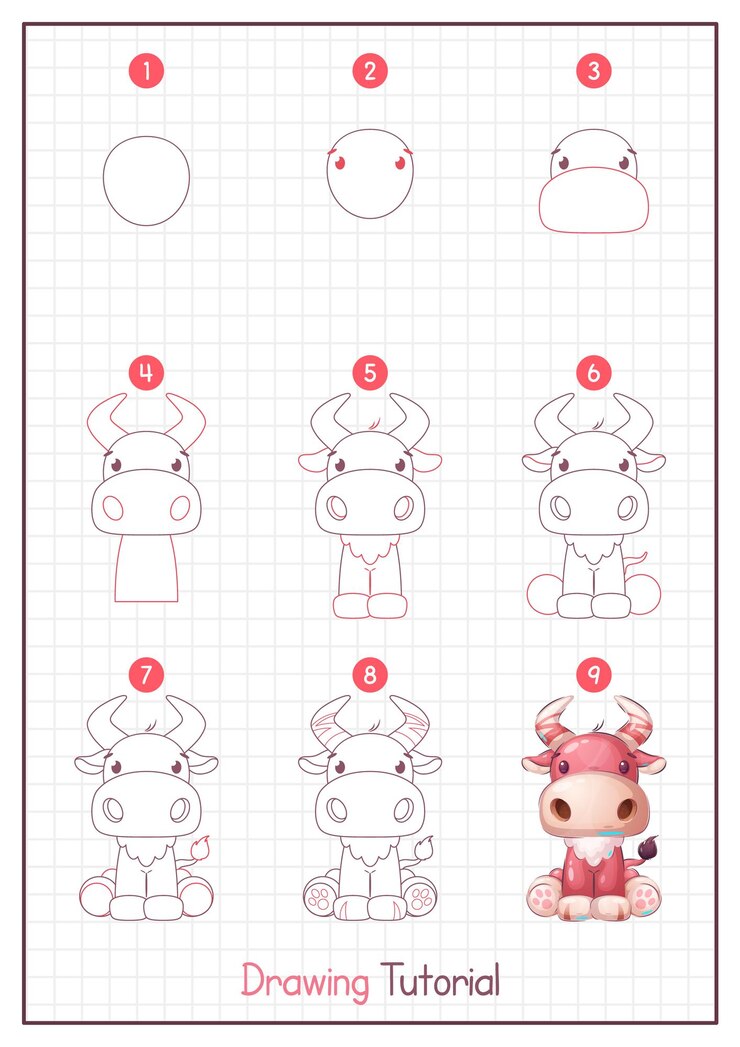 Vector cómo dibujar un toro paso a paso tutorial de dibujo guía de dibujo instrucción simple para niños y adultos