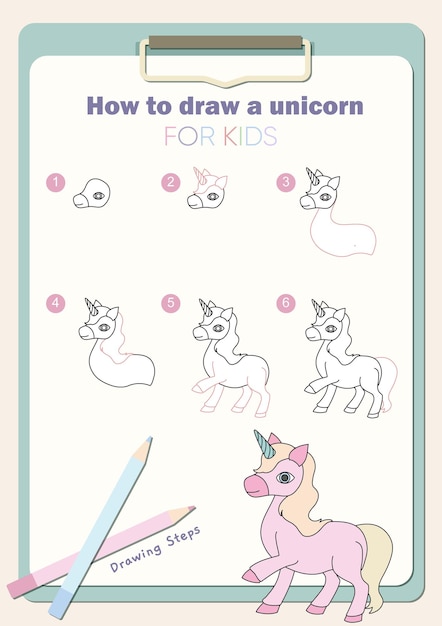 Cómo dibujar un unicornio. Sencillos pasos de dibujo para plantilla de vector de niños