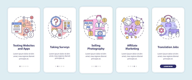 Cómo ganar dinero en línea integrando la pantalla de la página de la aplicación móvil. Pruebe sitios web y aplicaciones, paso a paso, instrucciones gráficas de 5 pasos con conceptos. UI, UX, plantilla de vector de GUI con ilustraciones en colores lineales