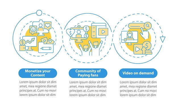 Cómo ganar dinero con la plantilla de infografía de círculo azul de suscripción. visualización de datos con 3 pasos. gráfico de información de la línea de tiempo del proceso. diseño de flujo de trabajo con iconos de línea. myriad pro-bold, fuentes regulares utilizadas