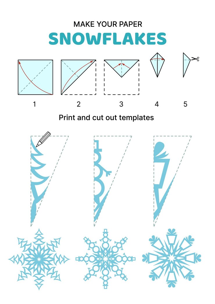 Vector cómo hacer copos de nieve de papel regalo de muñeco de nieve de árbol de abeto plantillas de copos de nieve de papel vector