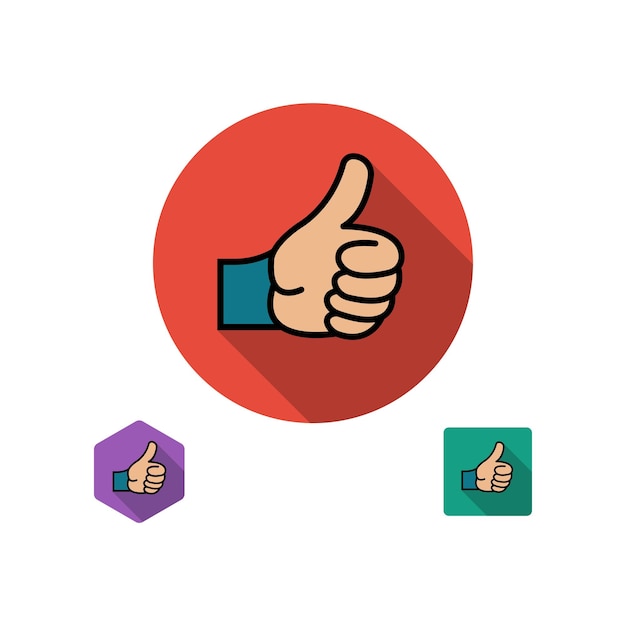Como icono Símbolo de pulgar hacia arriba Establezca iconos en estilo plano con sombras largas Tres tipos