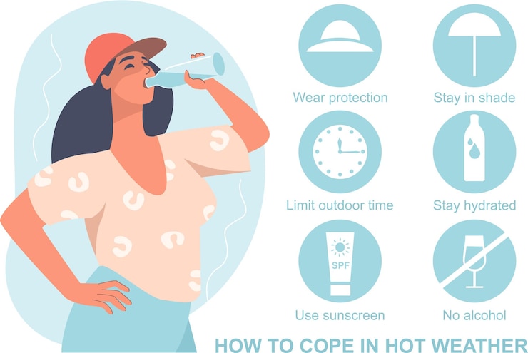 Vector cómo lidiar con el concepto de clima caluroso mujer bebiendo agua personaje con iconos establecidos