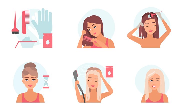 Vector cómo teñir el cabello en casa pasos del proceso de teñido de cabello para la mujer morena en casa