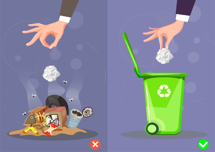 Vector cómo tirar basura bien y mal.