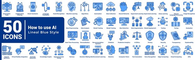 Cómo usar el conjunto de iconos AI 50 en estilo azul lineal