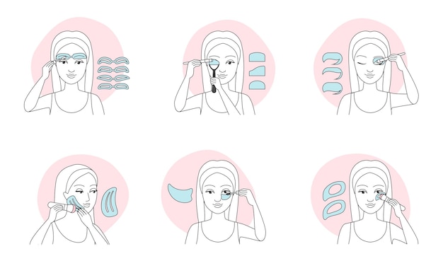 Cómo usar maquillaje estencil tutorial e infográfico conjunto modelo femenino con plantillas