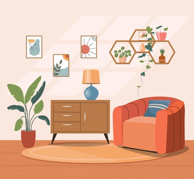 Cómoda lámpara de silla y plantas de casa Vector ilustración plana