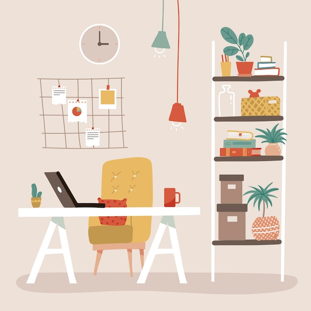 Cómodo lugar de trabajo de oficina con estantes para libros de mesa y soporte para libros