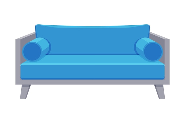 Cómodo sofá amortiguado Acogedor mueble doméstico o de oficina con tapicería azul claro Elemento de diseño interior Ilustración vectorial plana