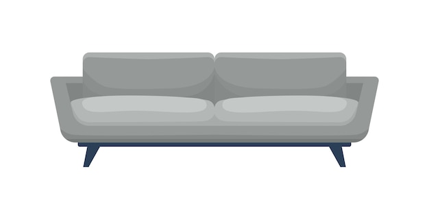 Cómodo sofá moderno en estilo clásico. Frente de sofá cómodo y elegante aislado sobre fondo blanco. Acogedor sofá gris para salón e interior de oficina. Ilustración de dibujos animados de vector plano.
