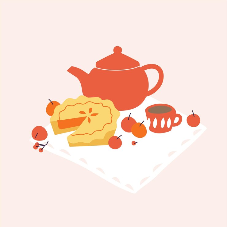 Comosition de ilustración vectorial con tarta de manzana, tetera y manzanas. Concepto de estado de ánimo de otoño.